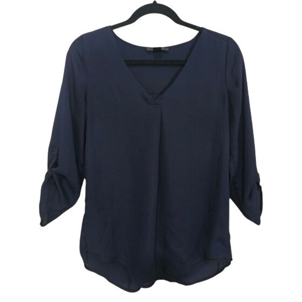 Streetwear Society Small Navy Blue Blouse Top Roll Tab Sleeve‎ V-Neck Workwear ~
